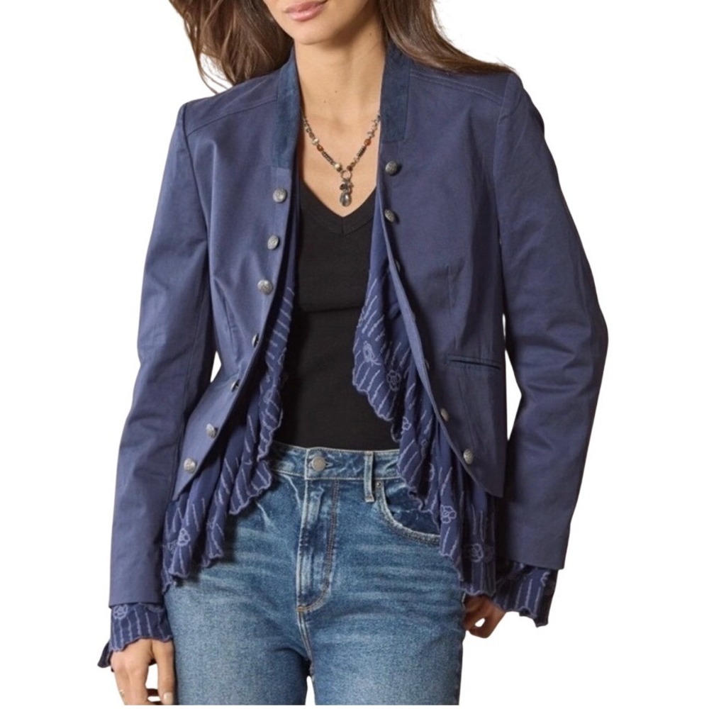 NWT Sundance Caroline Ruffle Military Jacket Navy Blue XXL Boho Western